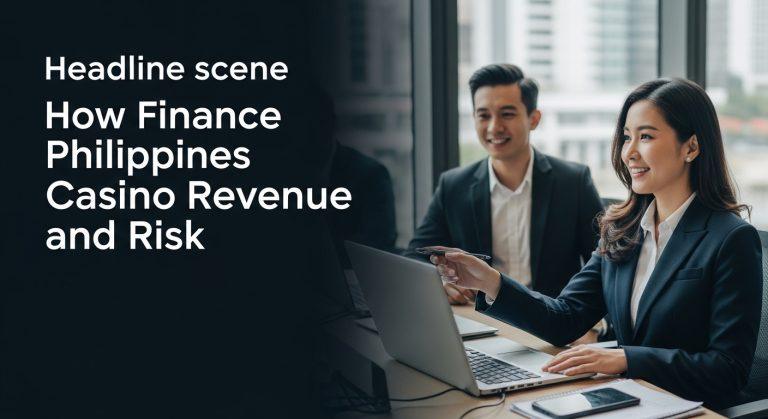 Analysts review financial dashboards over a Philippine casino floor with a map overlay.