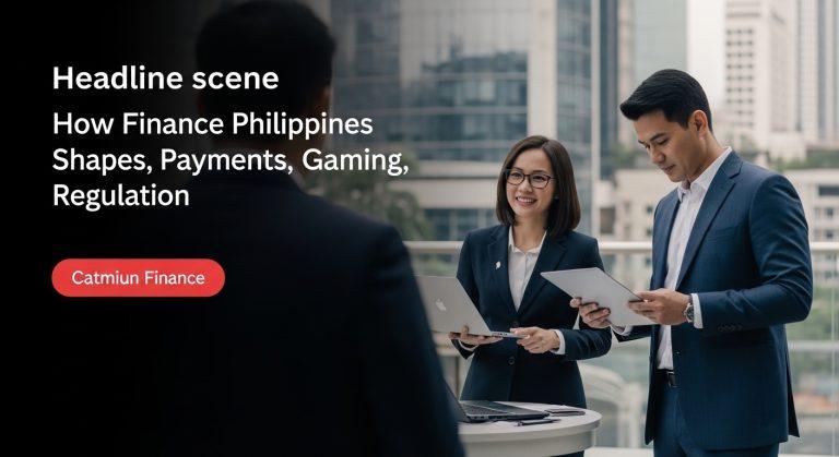 Manila skyline with digital finance overlays and casino chips.