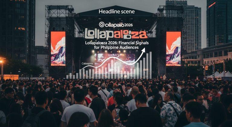 Crowd at a music festival with financial graphs overlaying the scene, representing festival finance analysis.